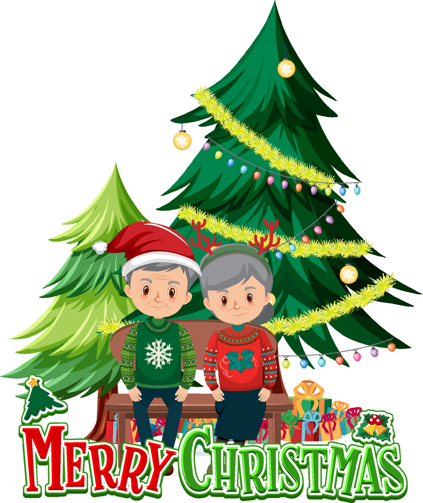 Merry Christmas logo with elderly couple and Christmas tree 5280283