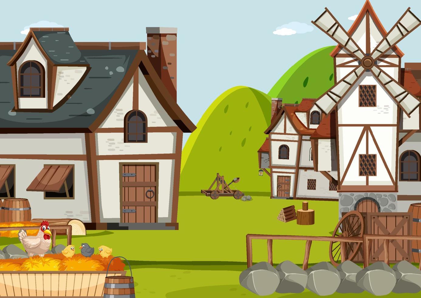 Ancient medieval village scene vector