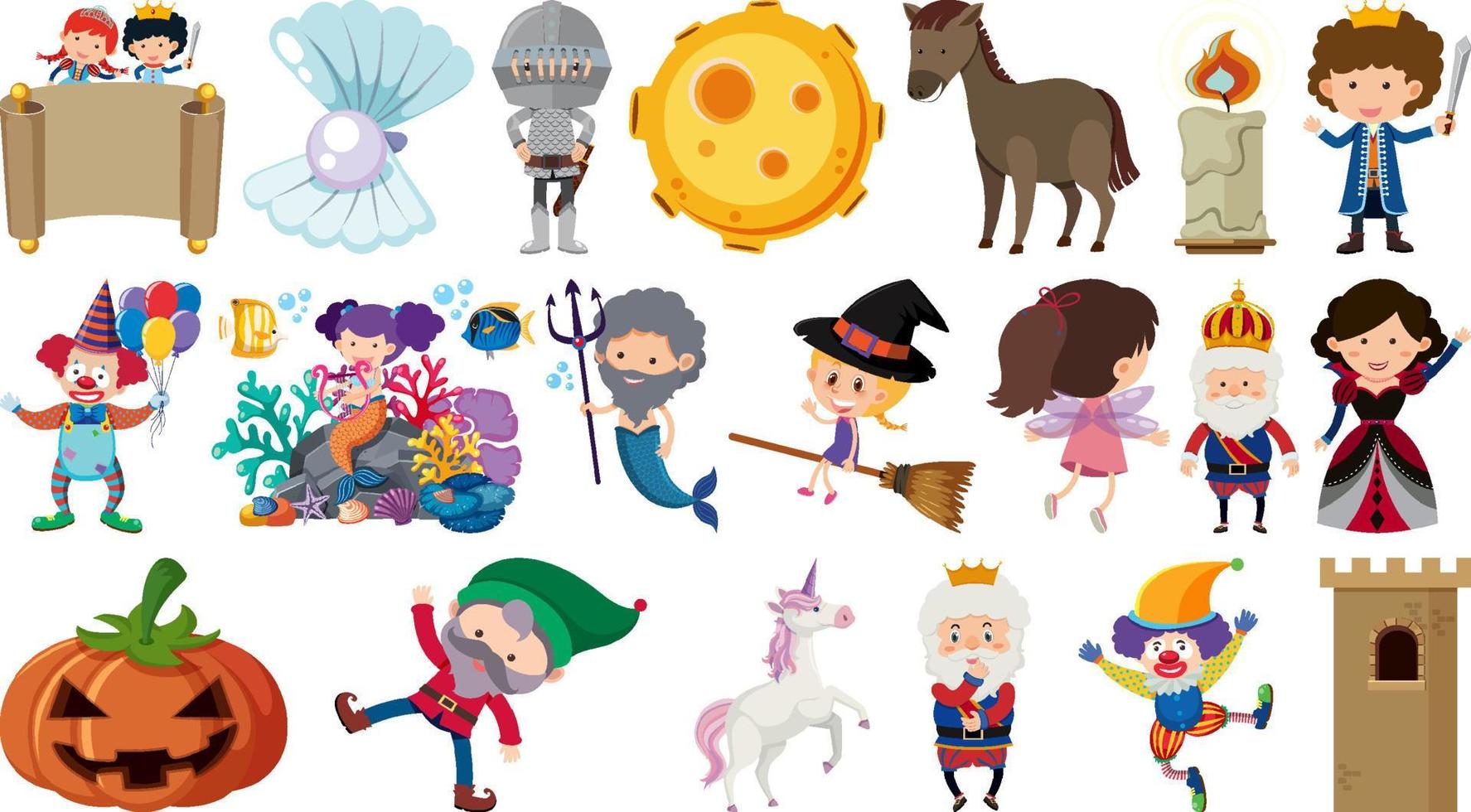 Set of isolated fairytale cartoon characters and objects vector