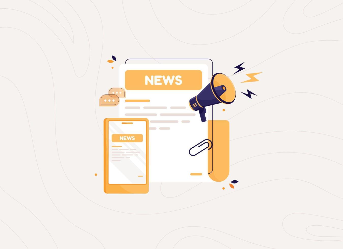 Newspaper with news with megaphone and phone. Daily or weekly breaking news. Sheets of paper with header and digital news. Flat design icon in cartoon style. Yellow press vector