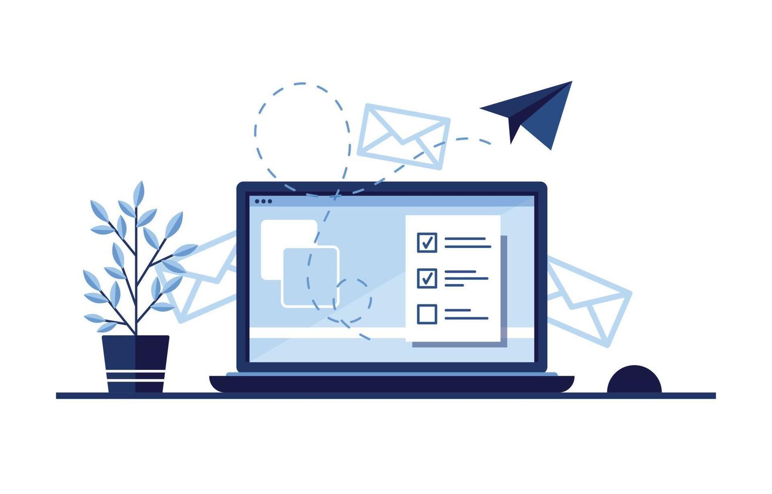 Vector banner illustration of email marketing. Workplace at home, in the office. Laptop. Paper airplane. Completed application form for the site. Filling out documents. Monitor screen. Blue. Eps 10