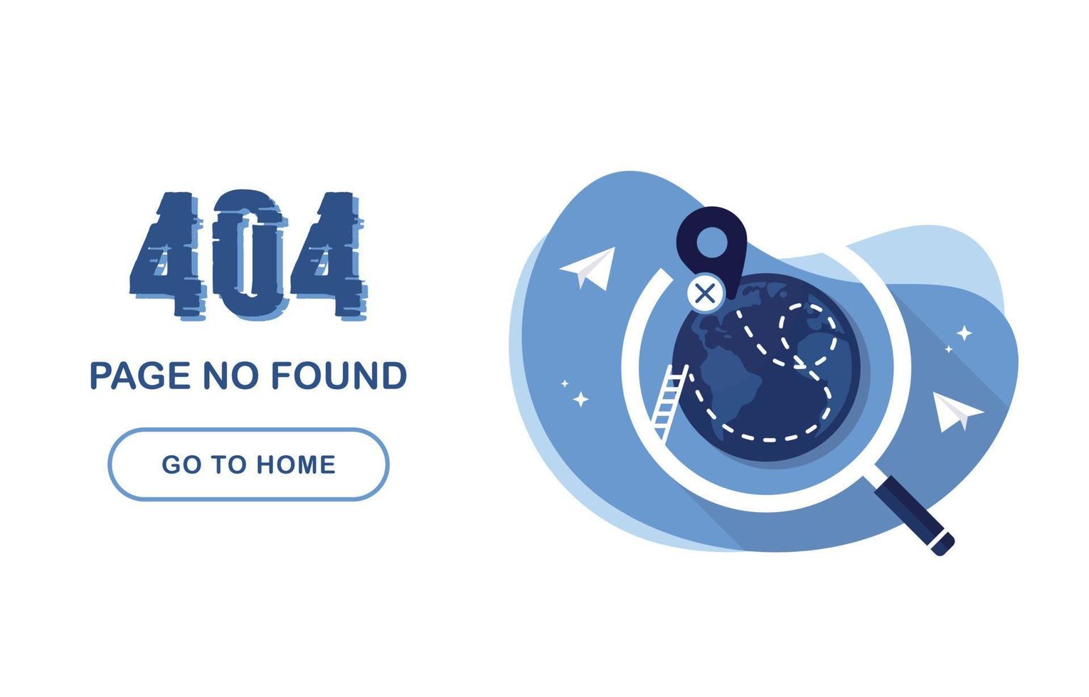 404 error page not found. Go home banner. System error, broken page. For website. Planet earth under a magnifying glass. Geolocation tag. Way. Paper airplanes. Problem Report. Blue and White. Eps 10 vector