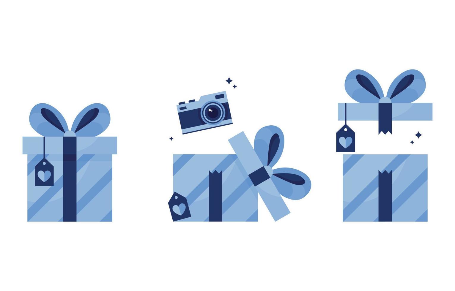 Set of vector illustrations. Gifts in packages, a closed gift with a postcard and a bow, opening a box with a camera. Birthday, New Year, Christmas. Prize won. Bonus. Blue. On white background