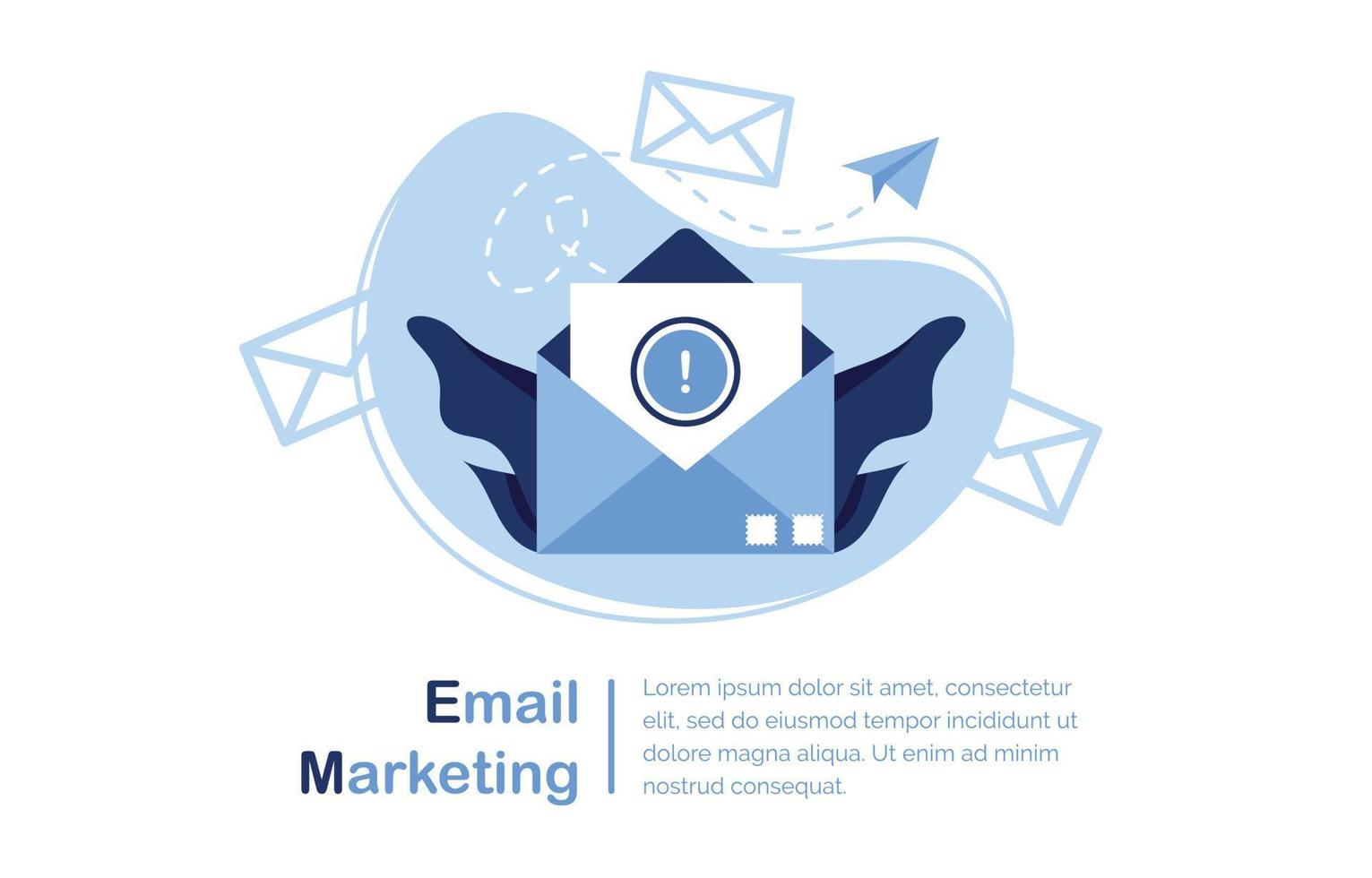 Vector banner illustration of email marketing and message concept. Letter, sheet in an envelope. Sending application. Banner and template for sites. Important notice. Paper. Blue and White