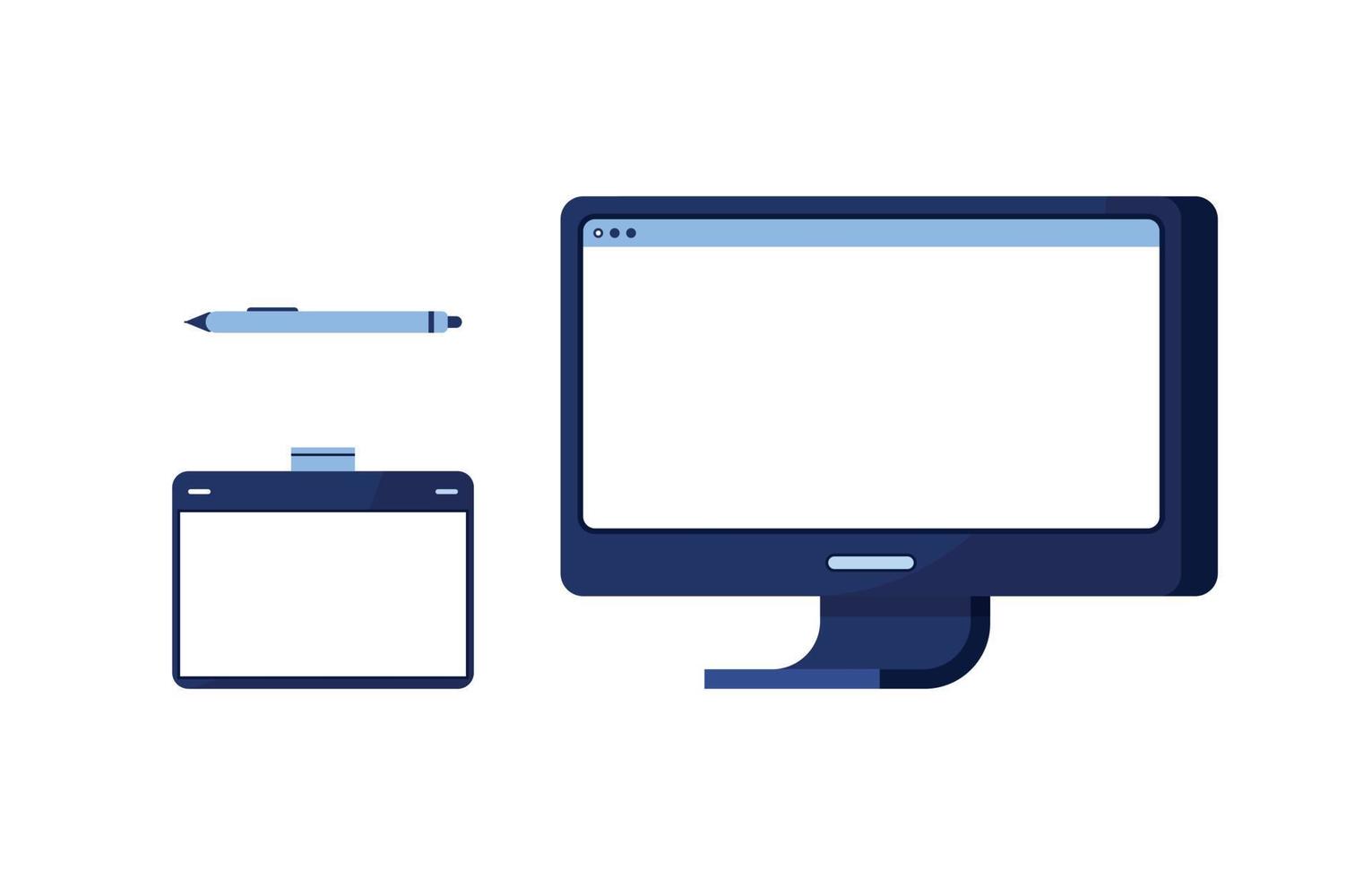 Set icon vector illustration pc computer with graphic tablet and brush for drawing. Set for creativity. Painting, drawing. Blue. On white background