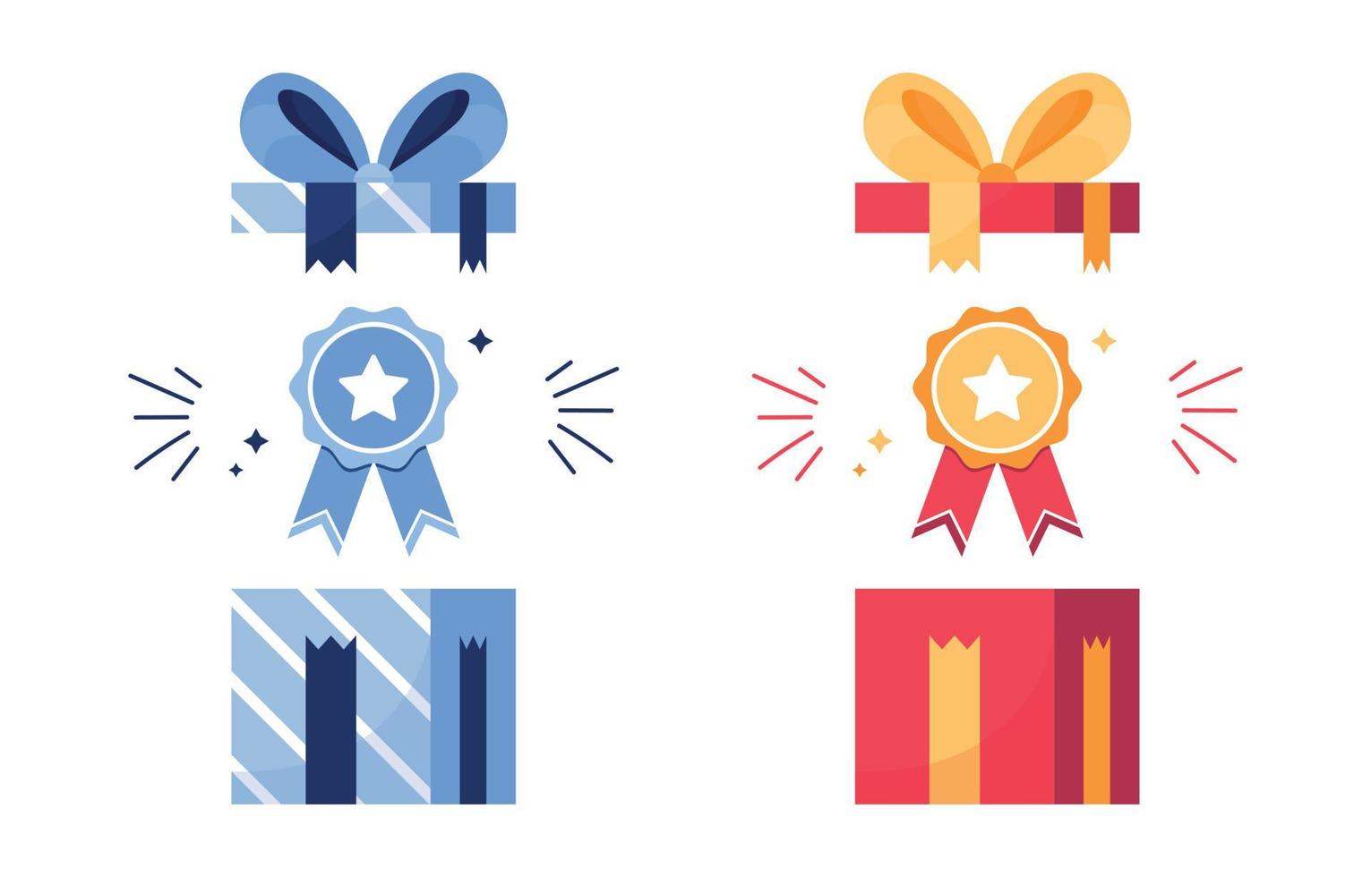 Vector illustration set of gift and awards. Prize in an open box. First place icon, victory. Medal with ribbon. Good result. Star on the reward. Achievements for games, sports. Blue and Red