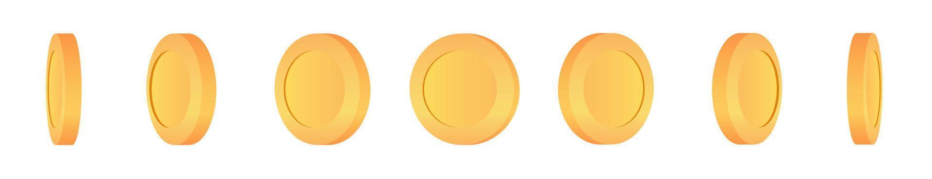 Set of empty 3d gold coins set isolated on background in different positions. Set of rotating gold coins. 3d dollar coins. Golden money set. vector