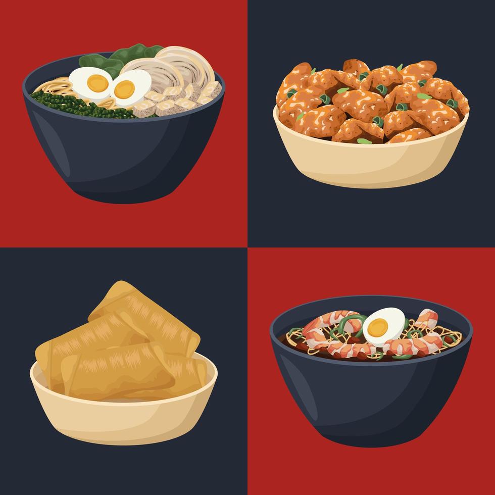 cuatro iconos de comida china vector