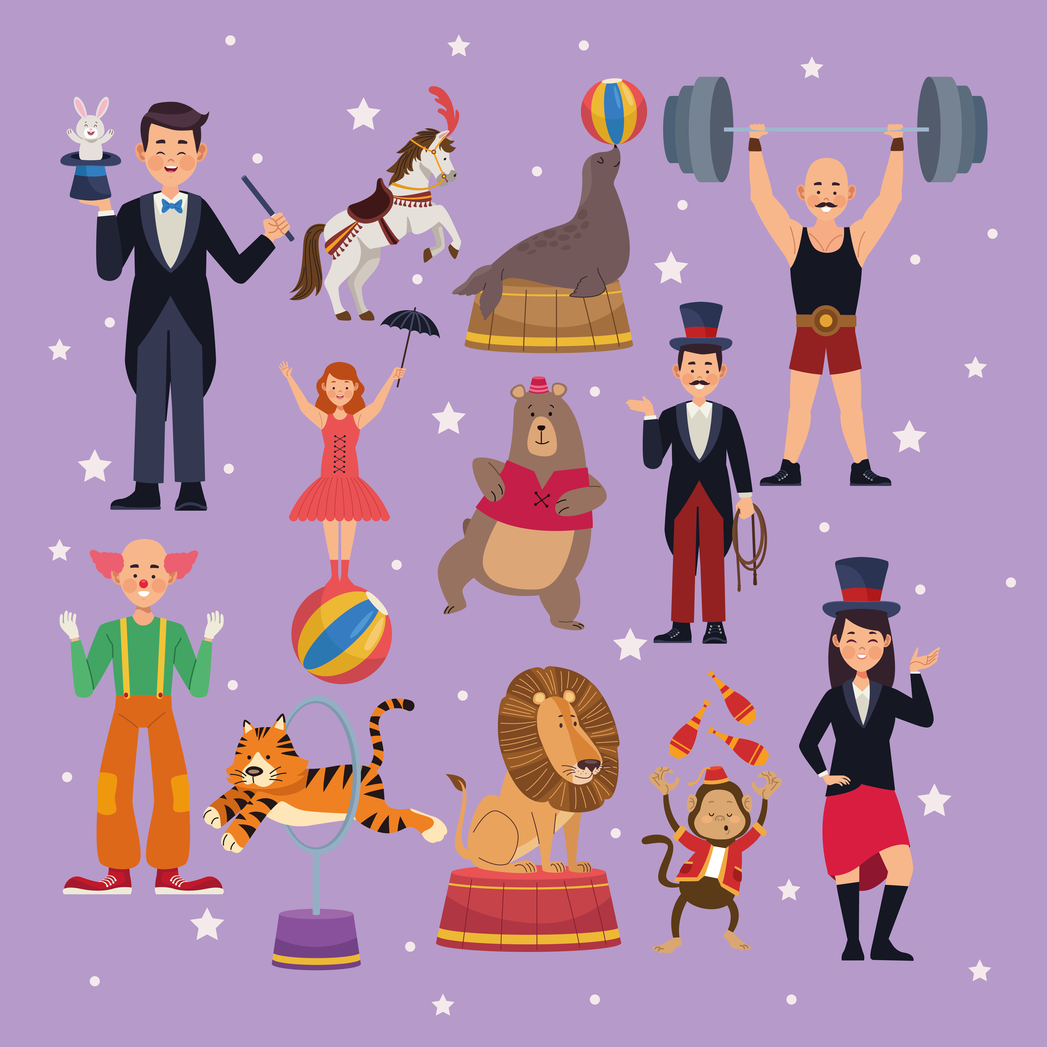 twelve circus show characters 5280951 Vector Art at Vecteezy