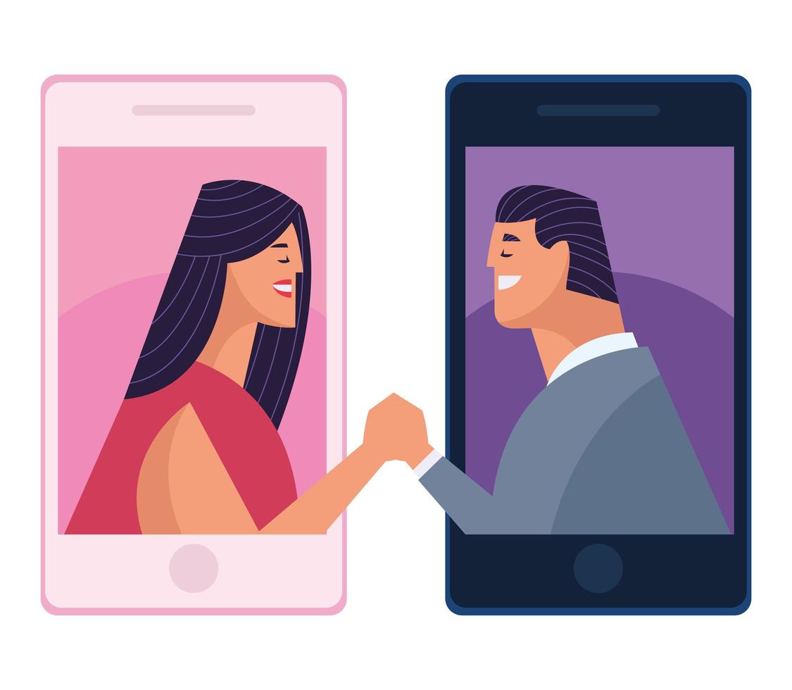 lovers couple in smartphones vector