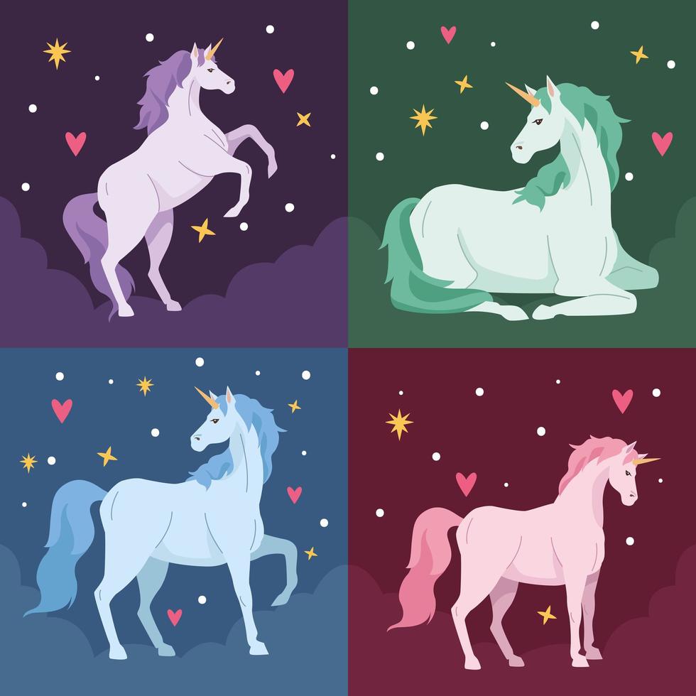 four unicorns fairy animals vector