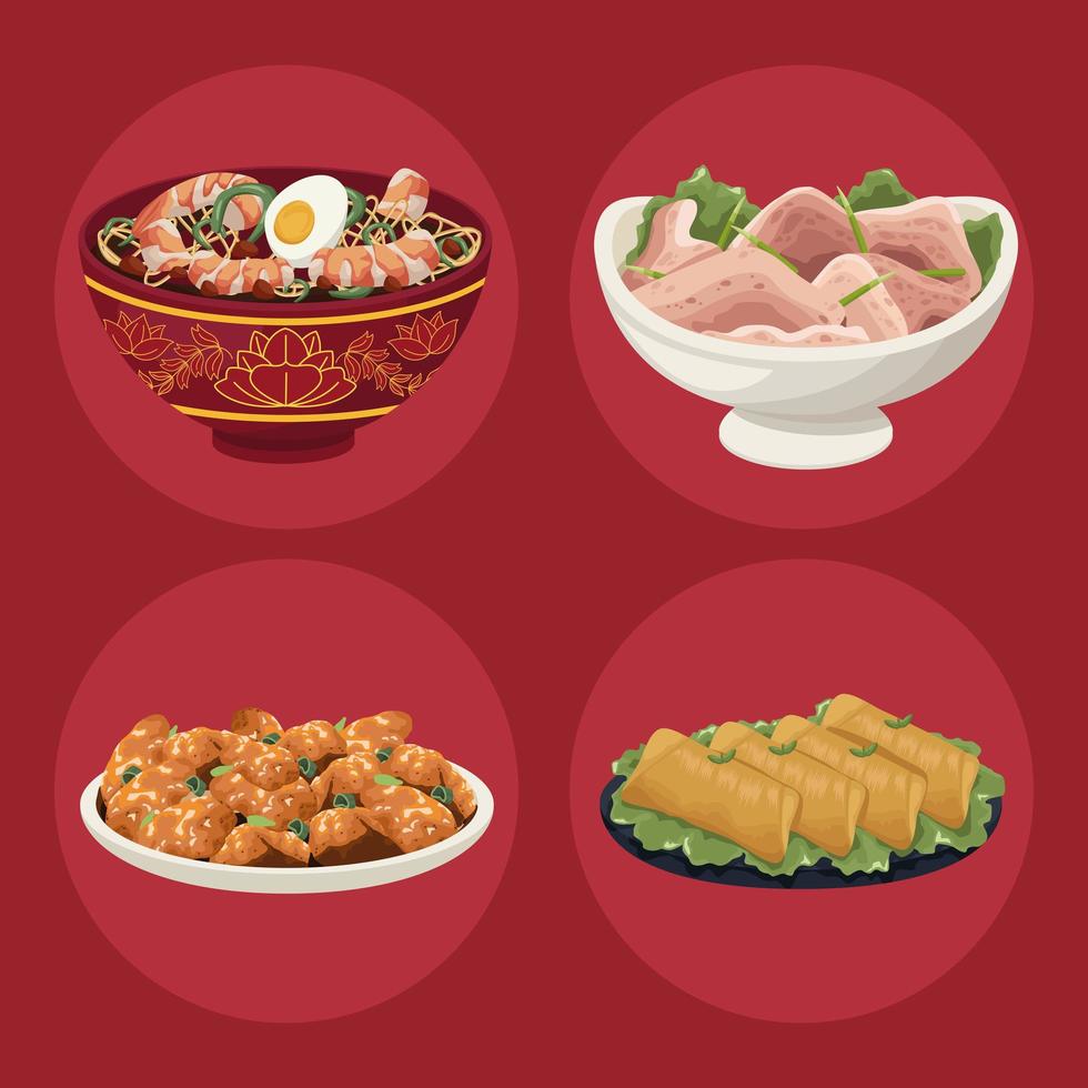 cuatro platos de comida china vector