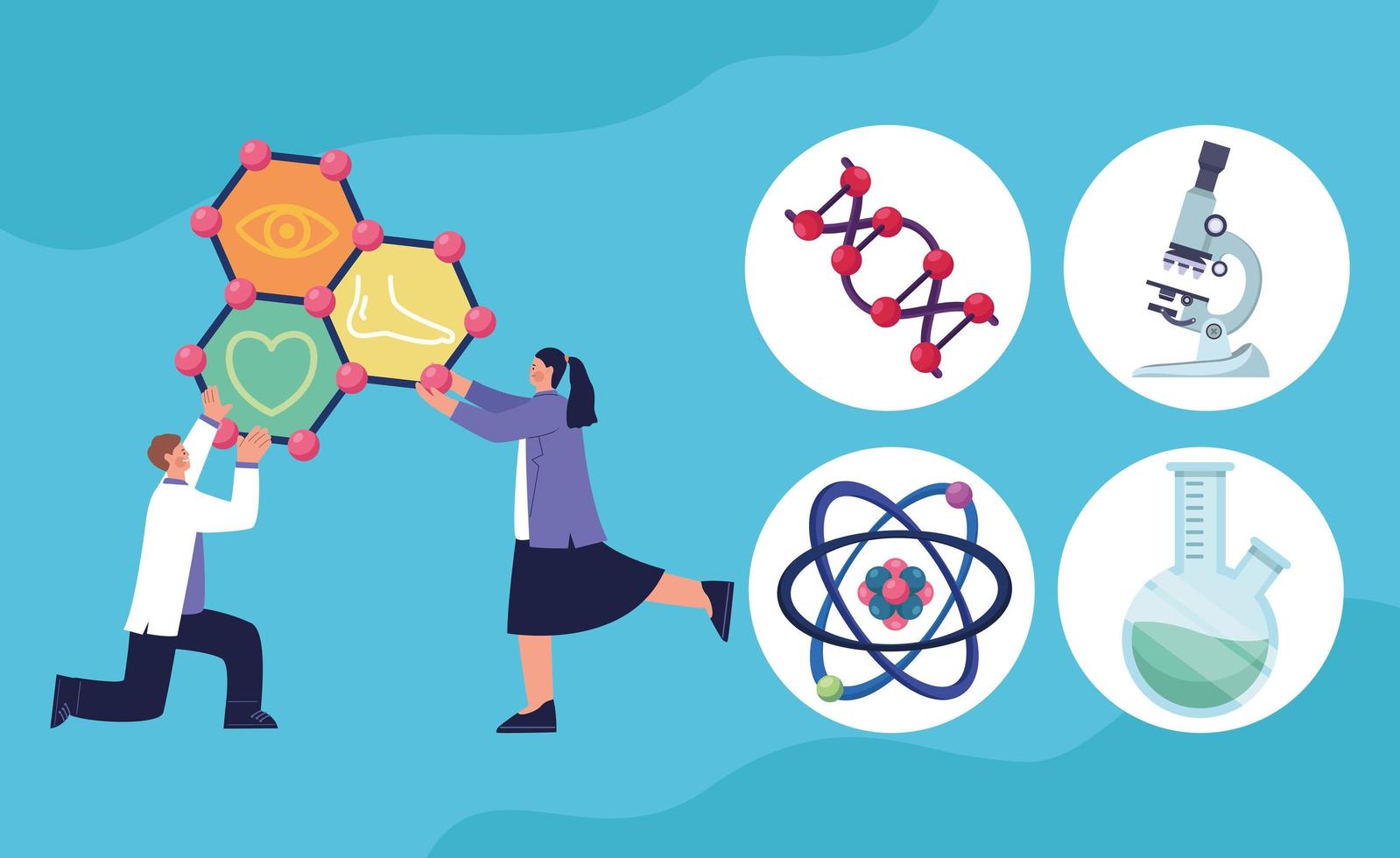 two scientist with laboratory icons vector