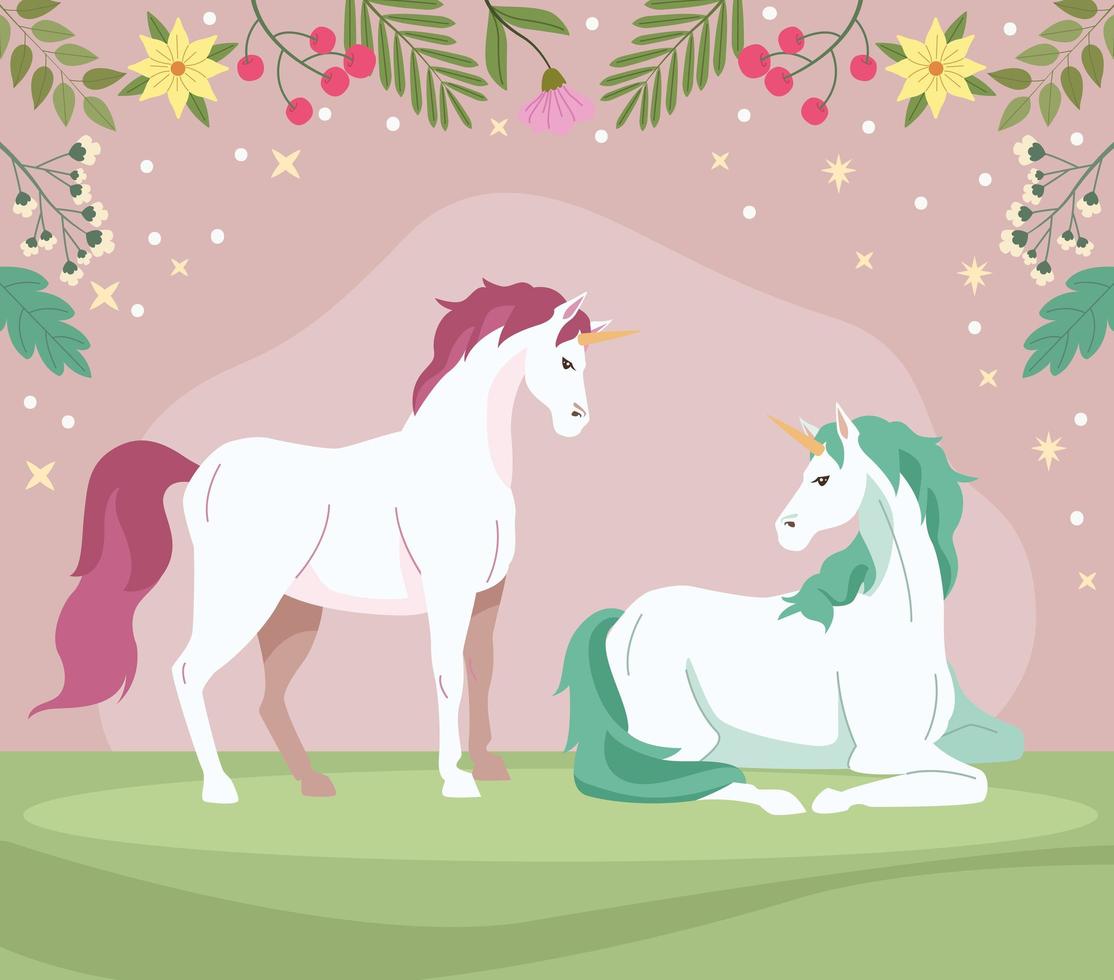 couple unicorns fairy animals vector