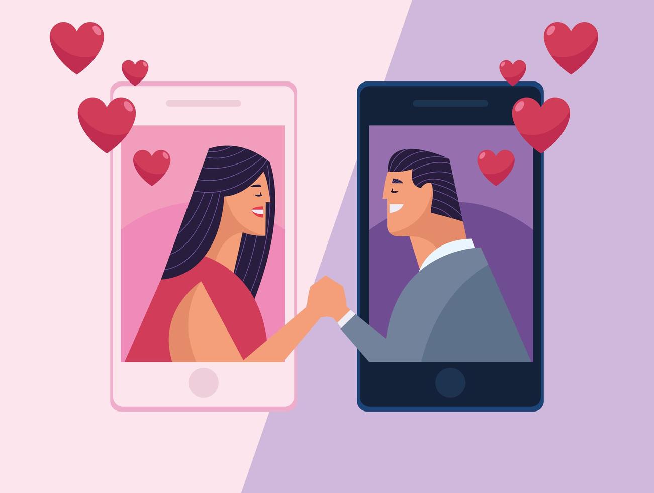 couple and hearts in smartphones vector