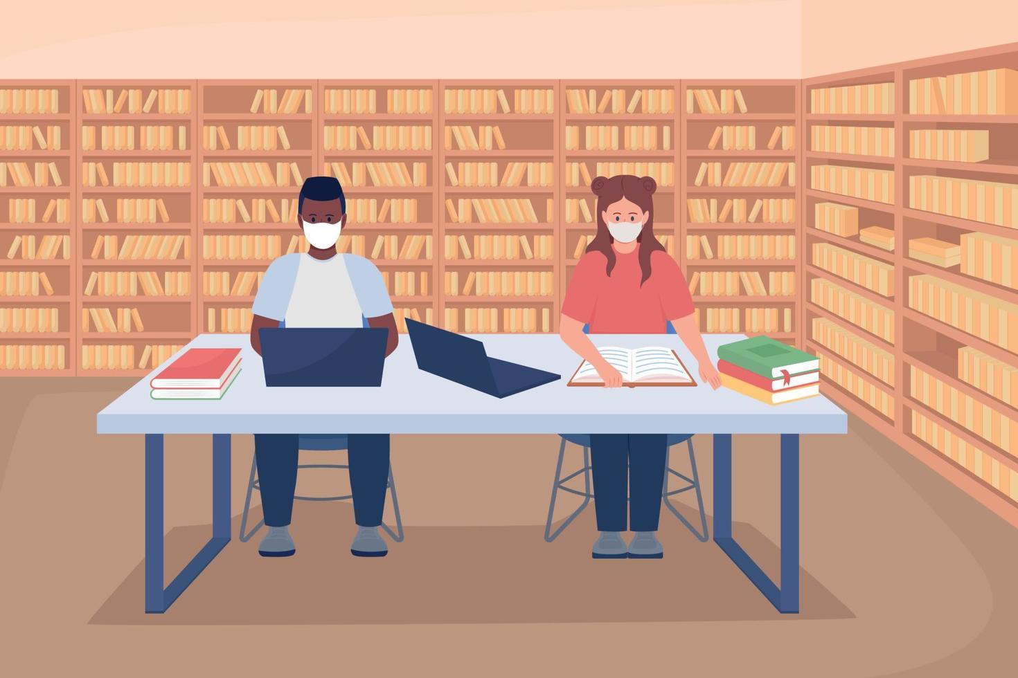 Studying in library flat color vector illustration