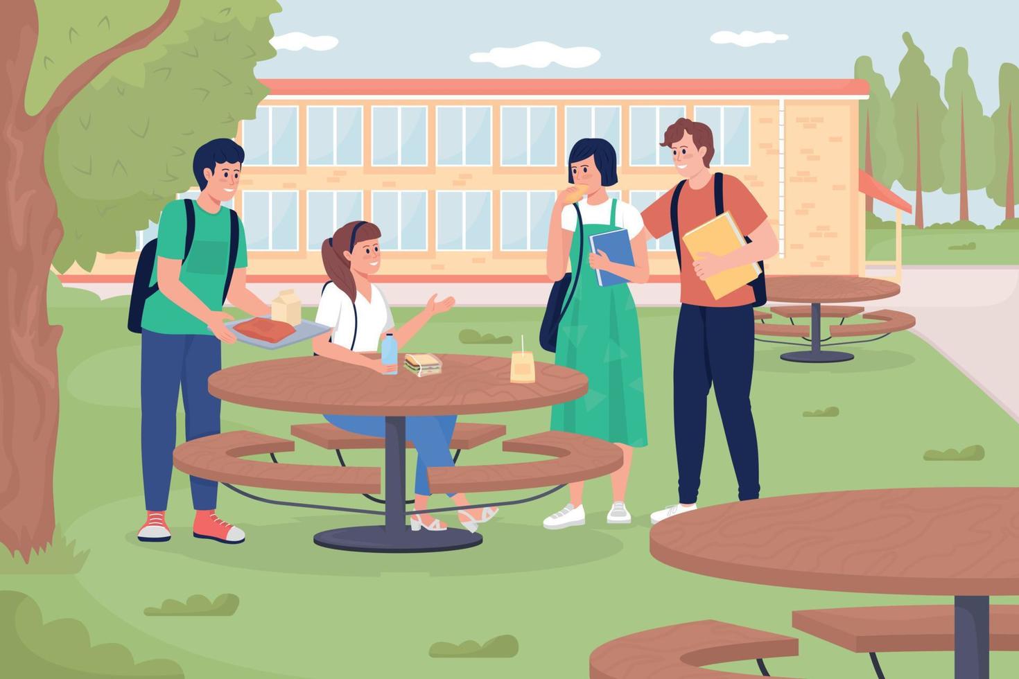 Outdoor school dining flat color vector illustration
