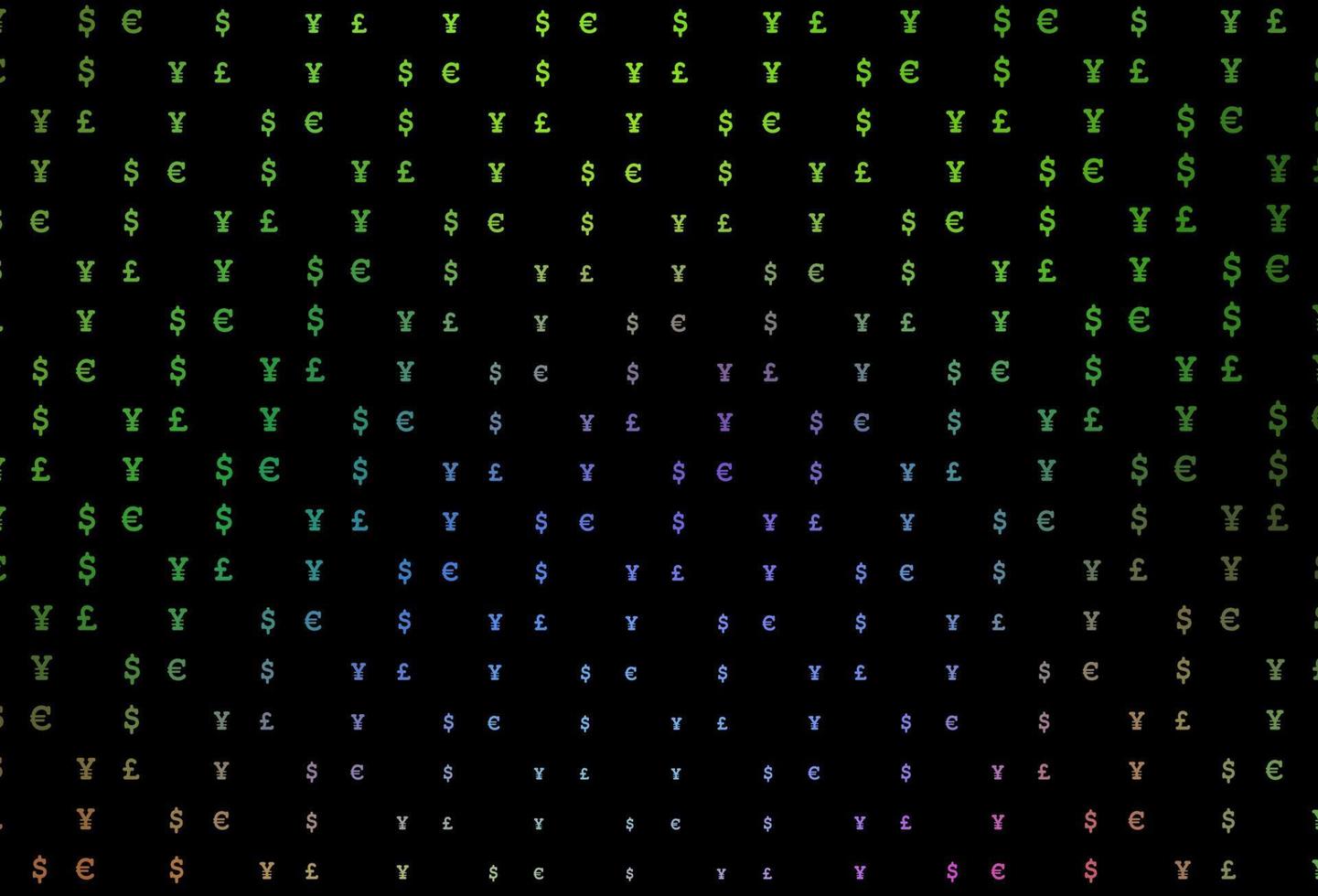 Dark multicolor, rainbow vector pattern with EUR, USD, GBP, JPY.