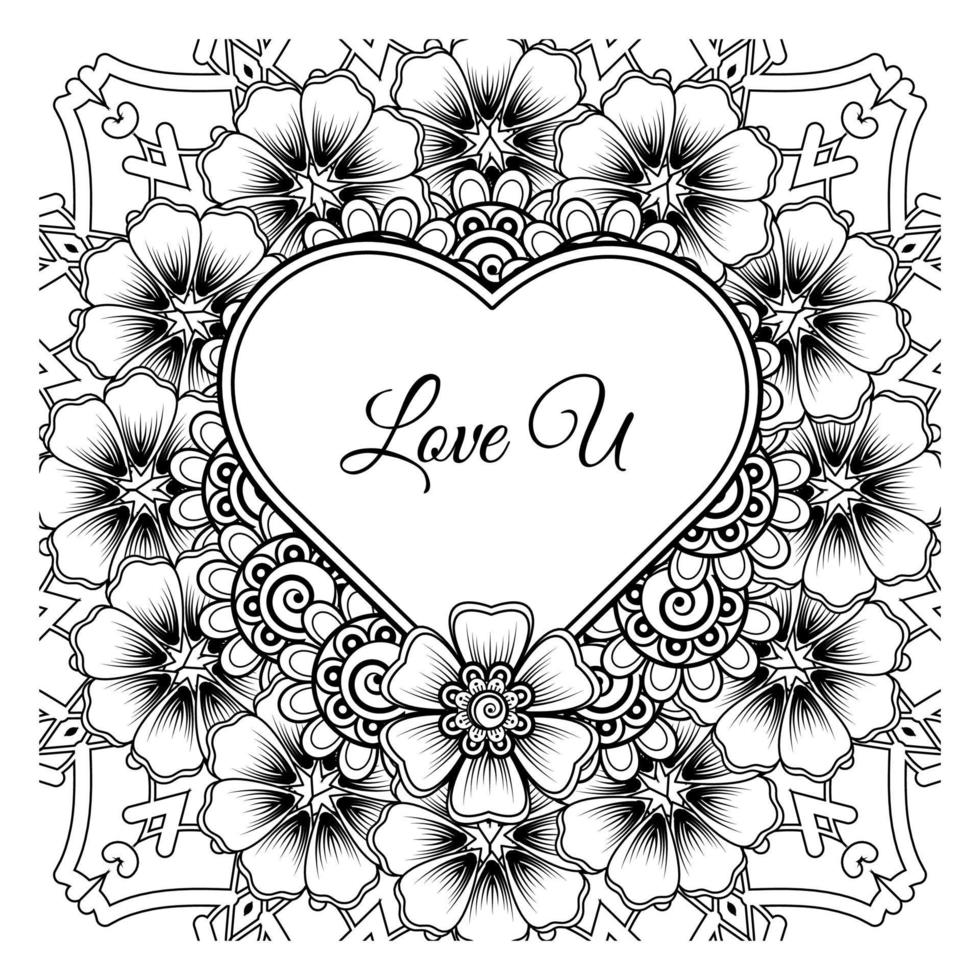 Mehndi flower with frame in shape of heart. decoration in ethnic oriental, doodle ornament. vector