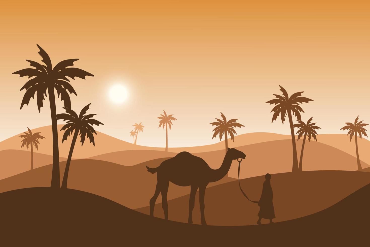 person leading the camel, islamic background illustration wallpaper, eid al adha holiday, beautiful sunlight silhouette landscape, palm tree, sand desert, vector graphic