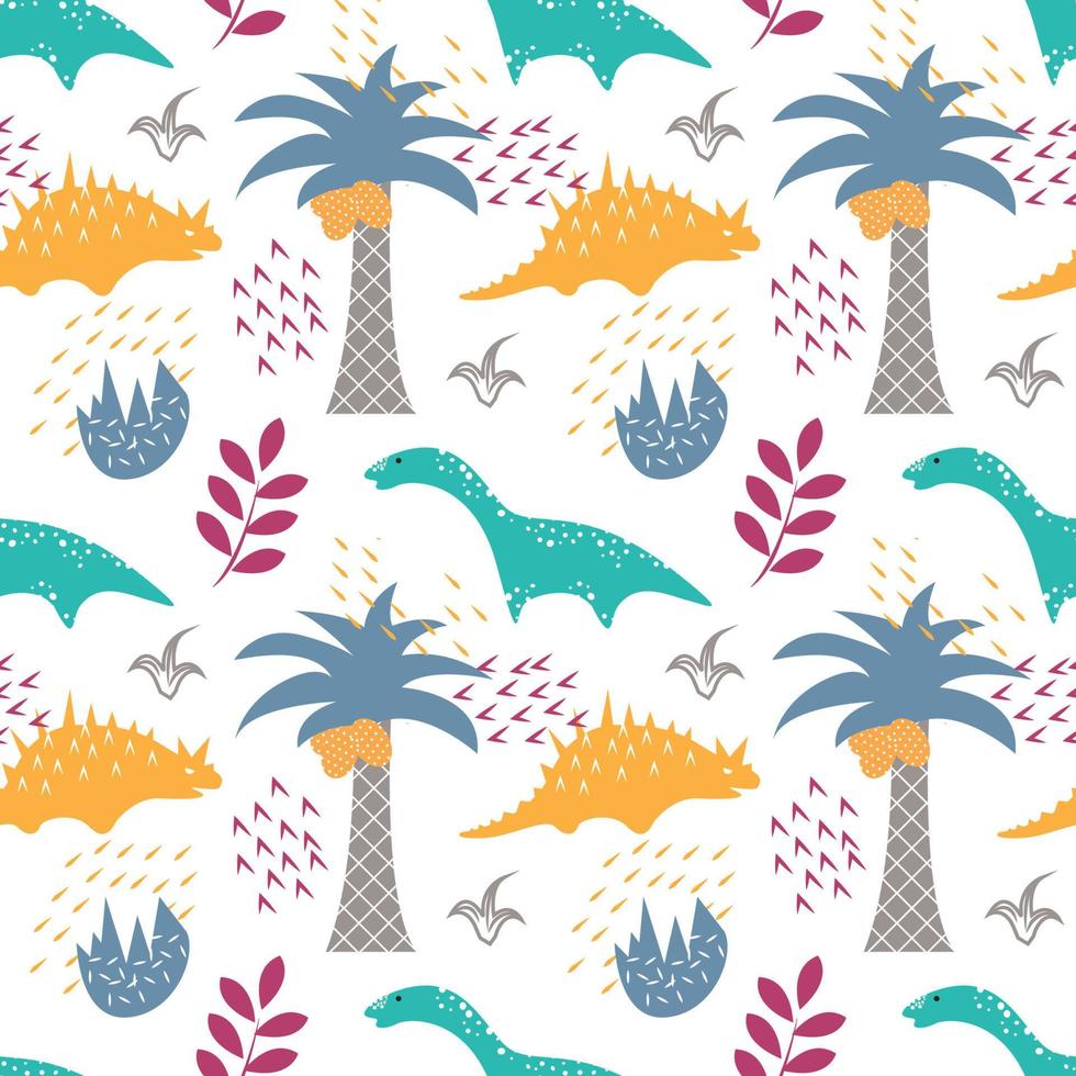 cute animal motif hand drawn colorful dinosaur seamless pattern, for kids material ornament, vector graphic