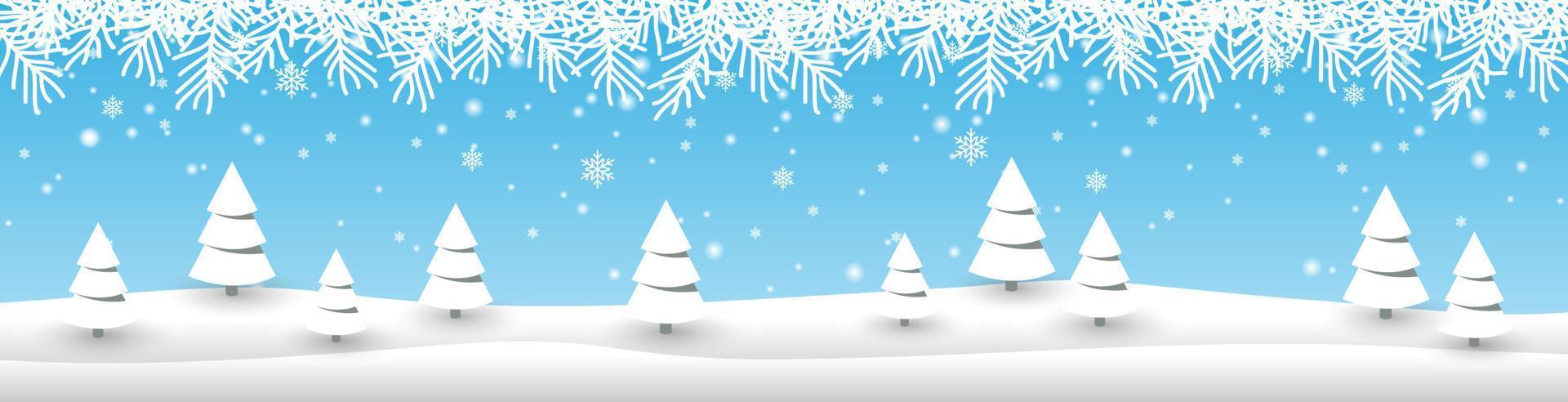 plantilla de banner de invierno diseño de vectores creativos, tema de navidad y año nuevo, con abeto en la colina de nieve