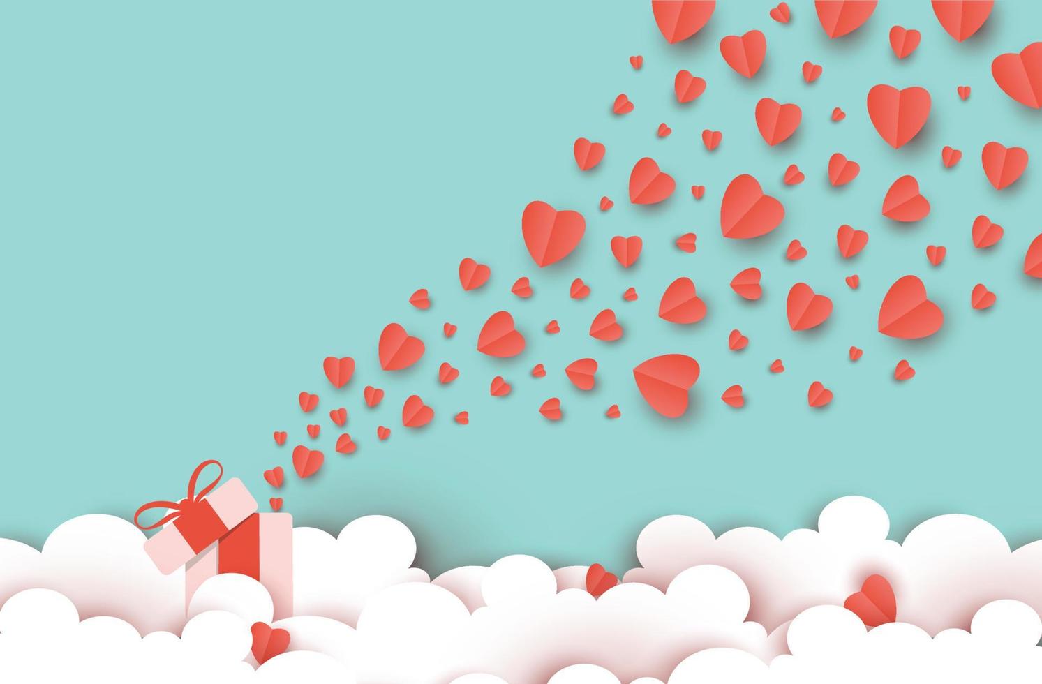 caja de regalo de ilustración con amor volador y día de san valentín, estilo de corte de papel de origami, flotador de corazón en el cielo, arte creativo de nube de decoración, vector de artesanía digital