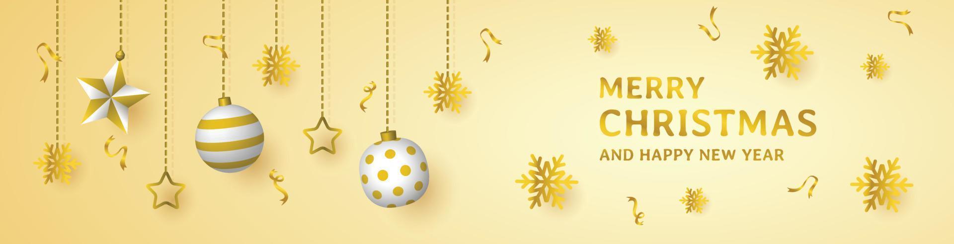 banner horizontal de feliz navidad, feliz año nuevo, con adornos colgantes, vector de diseño de estilo de lujo