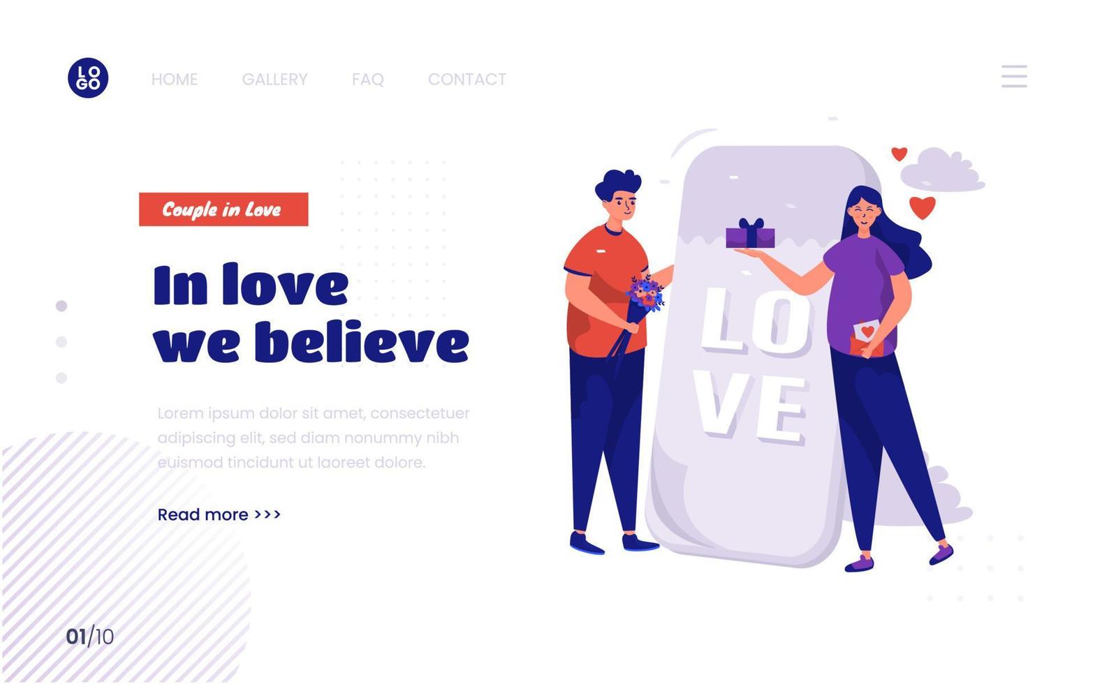 Couple sharing valentine's gifts on landing page design vector
