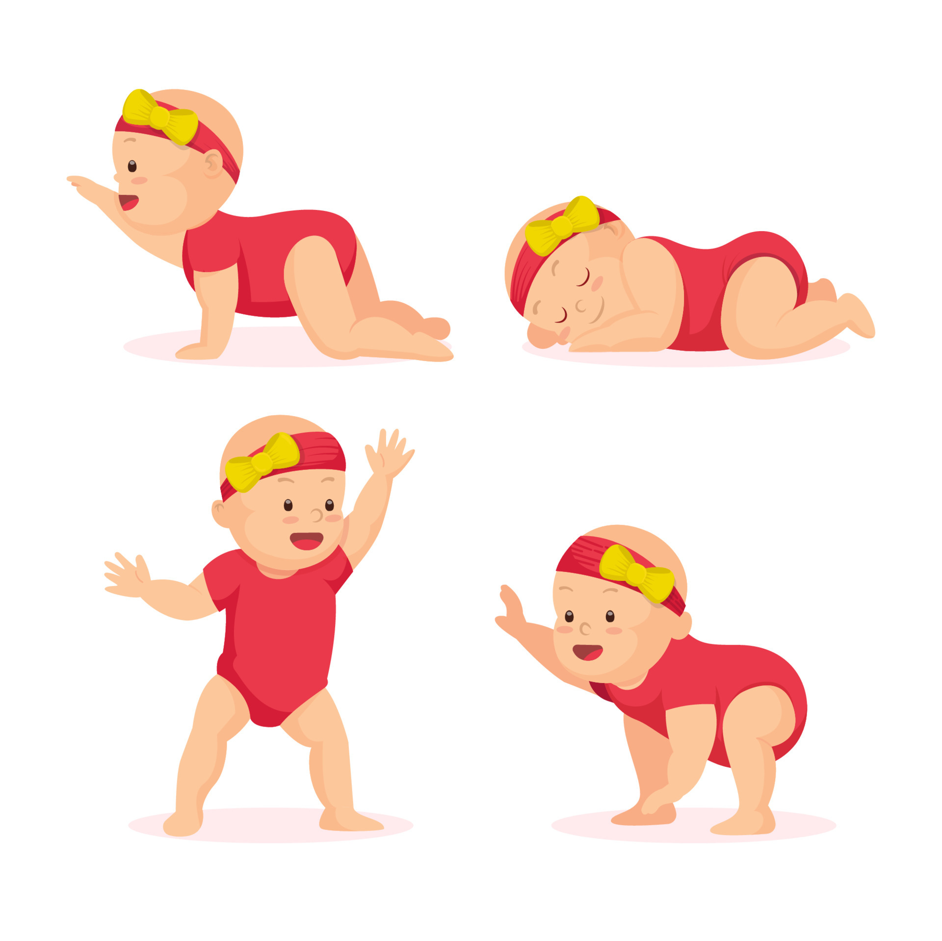 Cute baby girl development from newborn to one year. Sleep, crawl