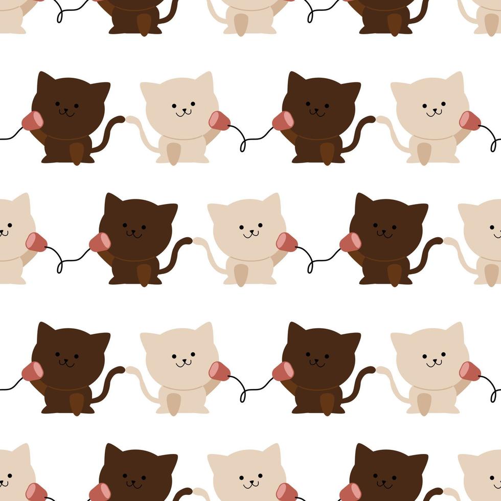 White and brown cat couple on a white background. Valentine seamless pattern. Seamless pattern for Valentine's Day decoration. Wrapping paper pattern. vector