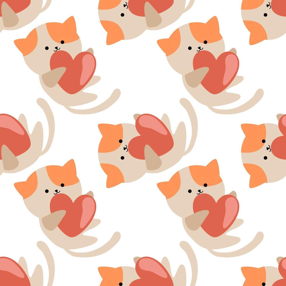 gatos y corazón sobre fondo blanco. patrón sin costuras para el día de san valentín. fondo para la decoración de san valentín. patrón de papel de regalo súper lindo. vector