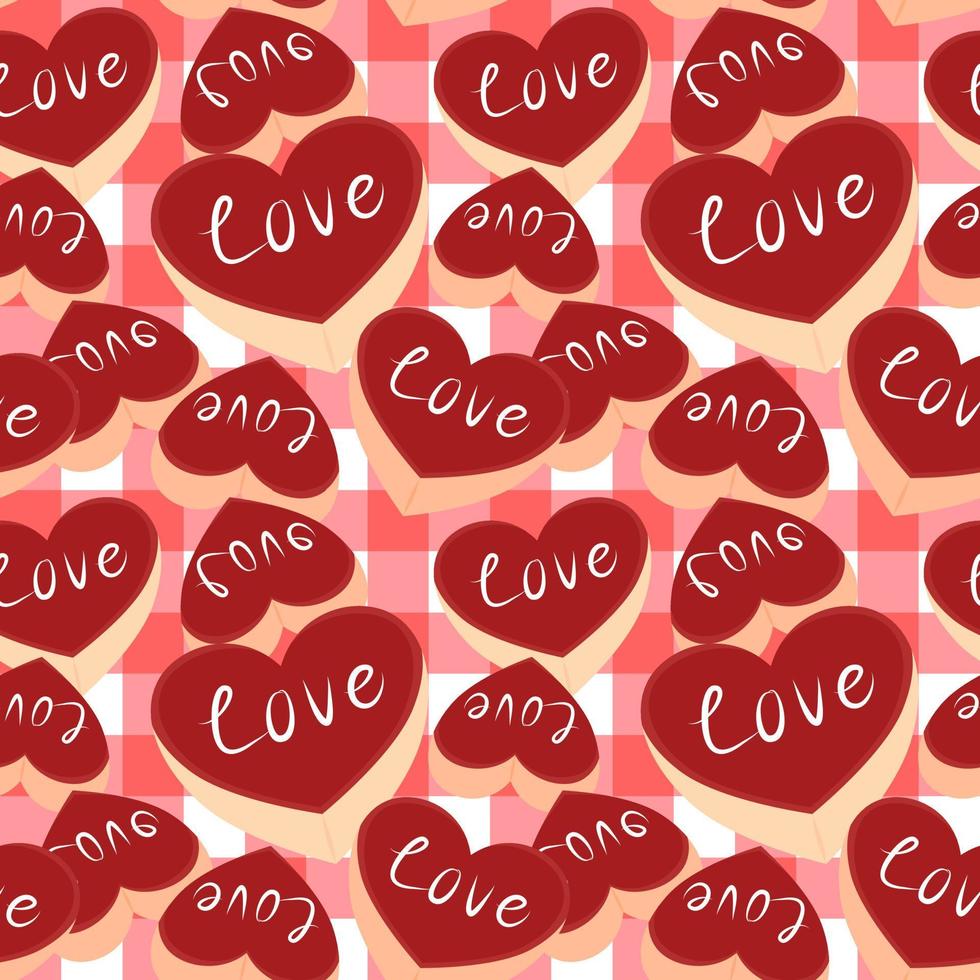 Heart cookies with loving words. Pink and white Scottish pattern background. Seamless wrapping paper pattern. vector