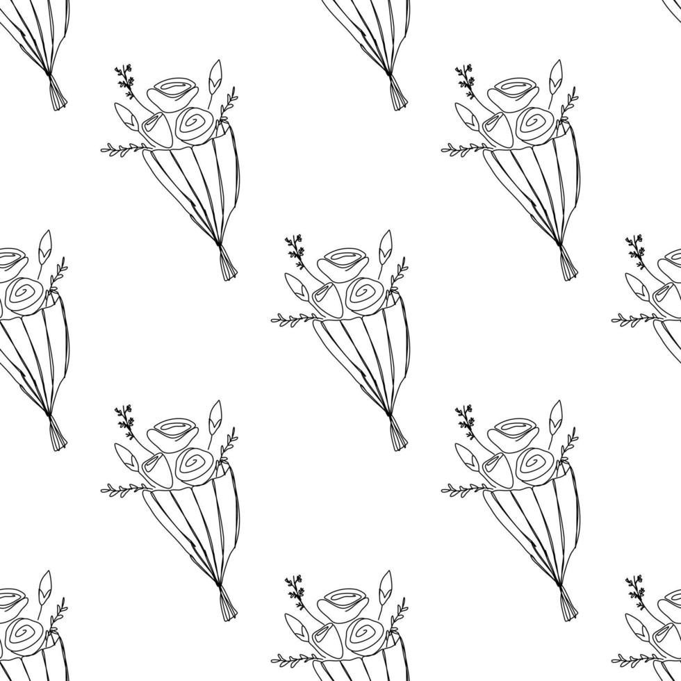 Set of flowers. Bouquet of flowers drawn with black strokes on a white background. Seamless image with flowers. Background for Valentine's decoration. vector