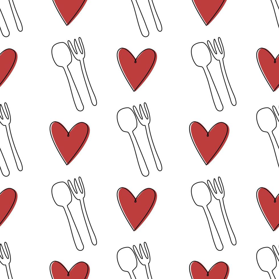 seamless pattern with hearts. Cutlery and heart on a white background. Illustration for Valentine's Day decorations. Seamless pattern. Black line. vector