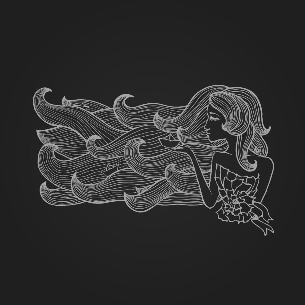 Hand-drawn woman with long hair like sea waves vector