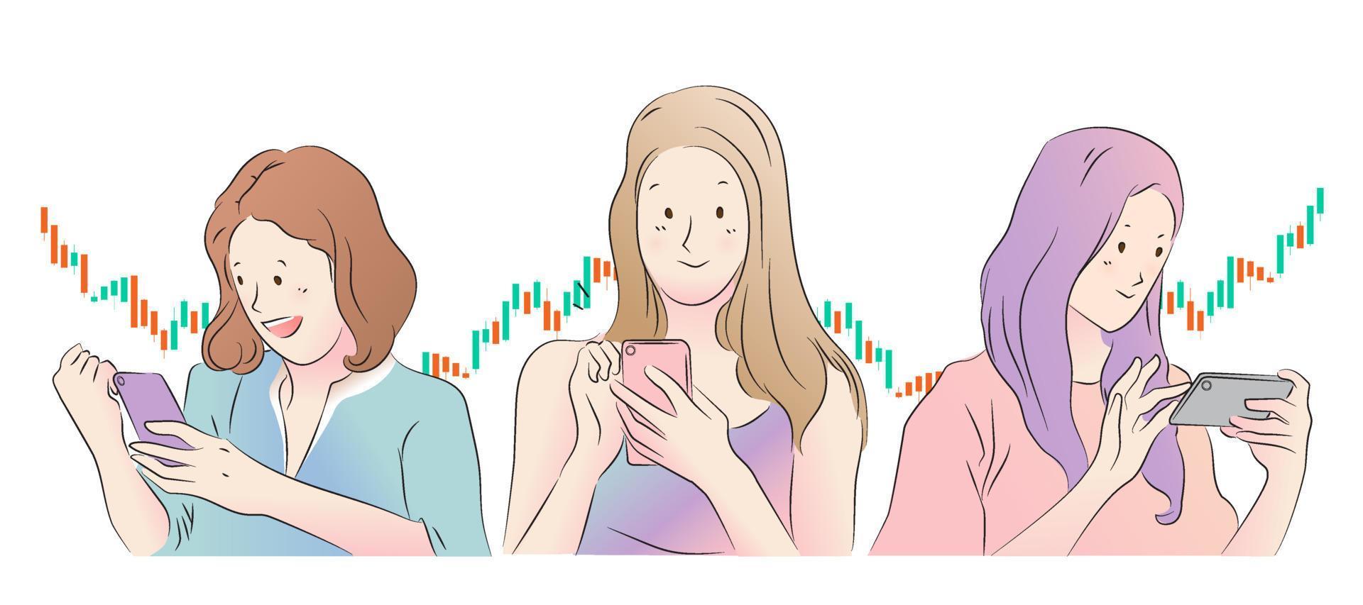 grupo de niñas obtienen ganancias en la bolsa de valores comerciante de gestión de dinero del mercado digital por aplicación de teléfono inteligente personaje de dibujos animados ilustración vectorial plana sobre fondo blanco vector
