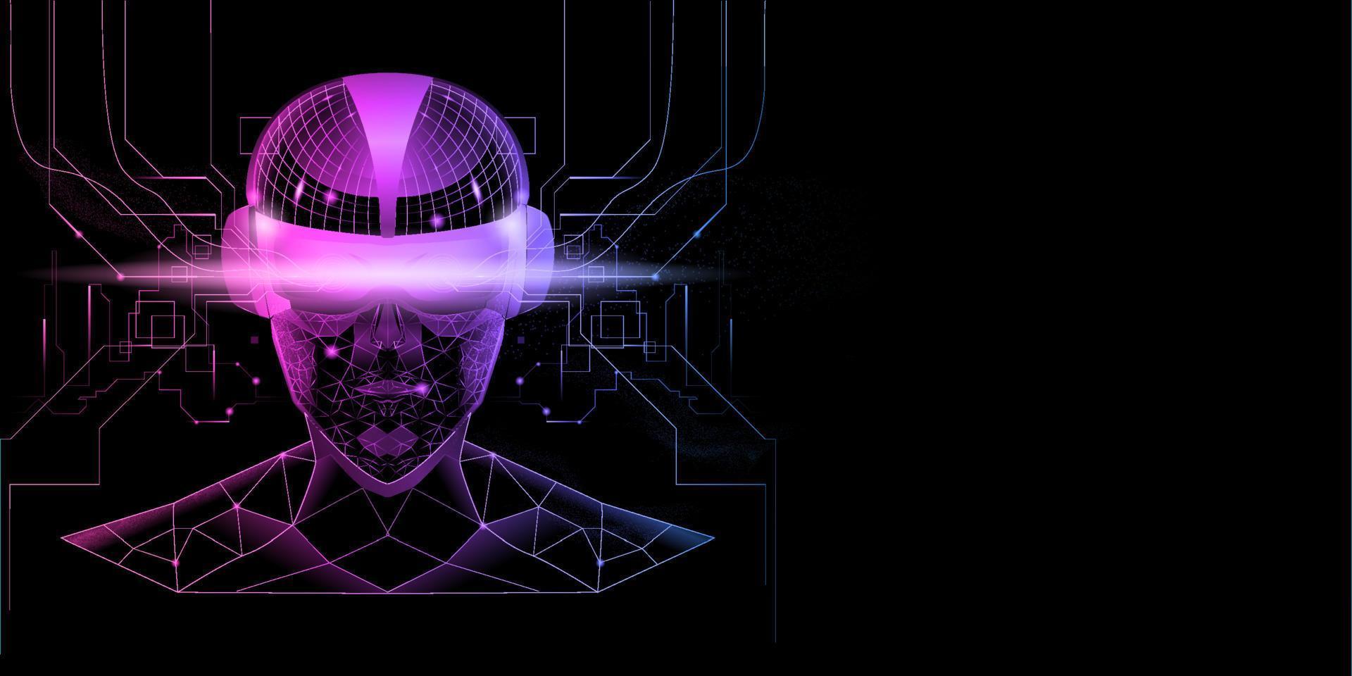 hombre de polígono de silueta con dispositivo de realidad virtual vr vista frontal ciberespacio en ilustración de vector de mundo 3d digital abstracto