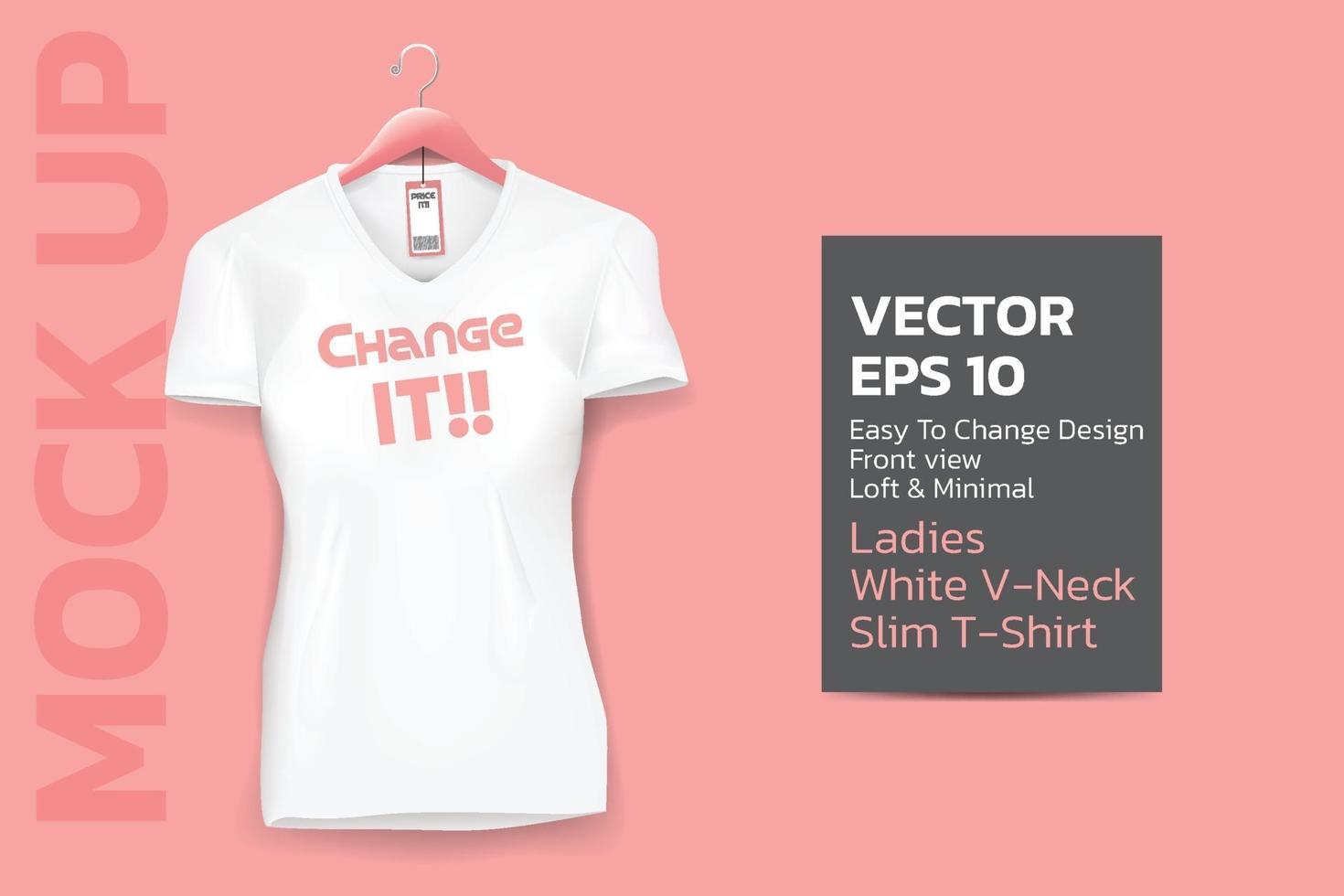 Female white v-neck slim T-shirt mock up on the living coral pink background. vector