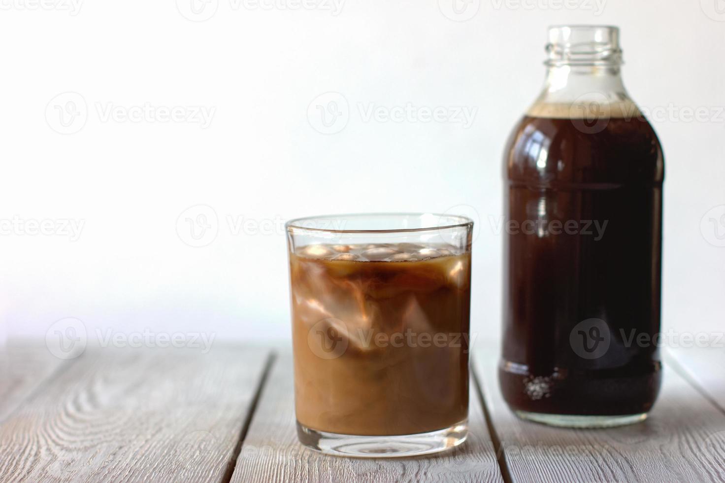 iced cold brew coffee in a bottle and in a glass. CBD concept. photo