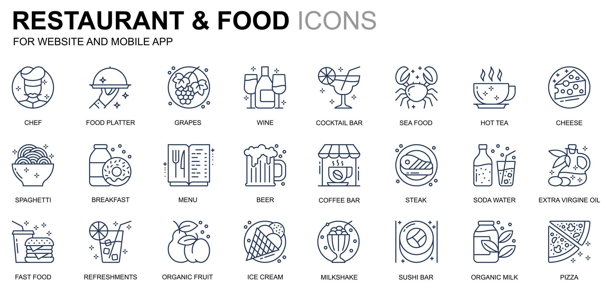 Simple Set Restaurant and Food Line Icons for Website and Mobile Apps. Contains such Icons as Fast Food, Menu, Organic Fruit, Coffee Bar. Conceptual color line icon. Vector pictogram pack.