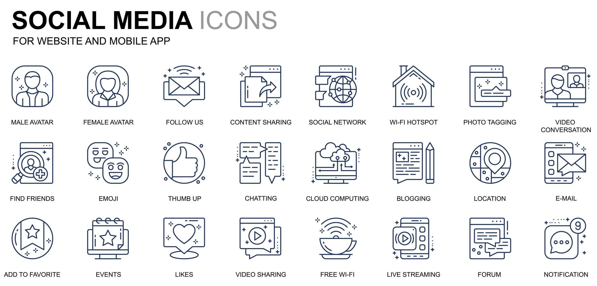 Simple Set Social Media and Network Line Icons for Website and Mobile Apps. Contains such Icons as Avatar, Emoji, Chating, Likes. Conceptual color line icon. Vector pictogram pack.