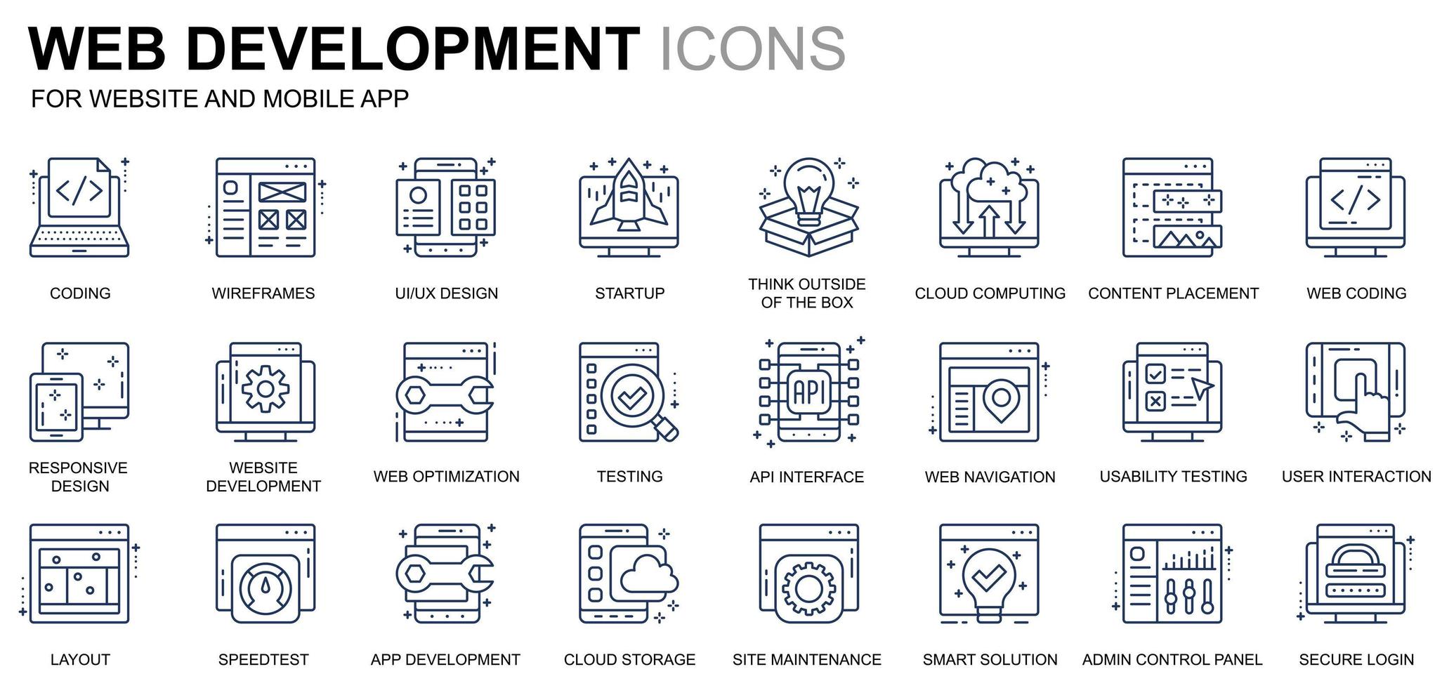 Simple Set Web Disign and Development Line Icons for Website and Mobile Apps. Contains such Icons as Coding, App Development, Usability. Conceptual color line icon. Vector pictogram pack.