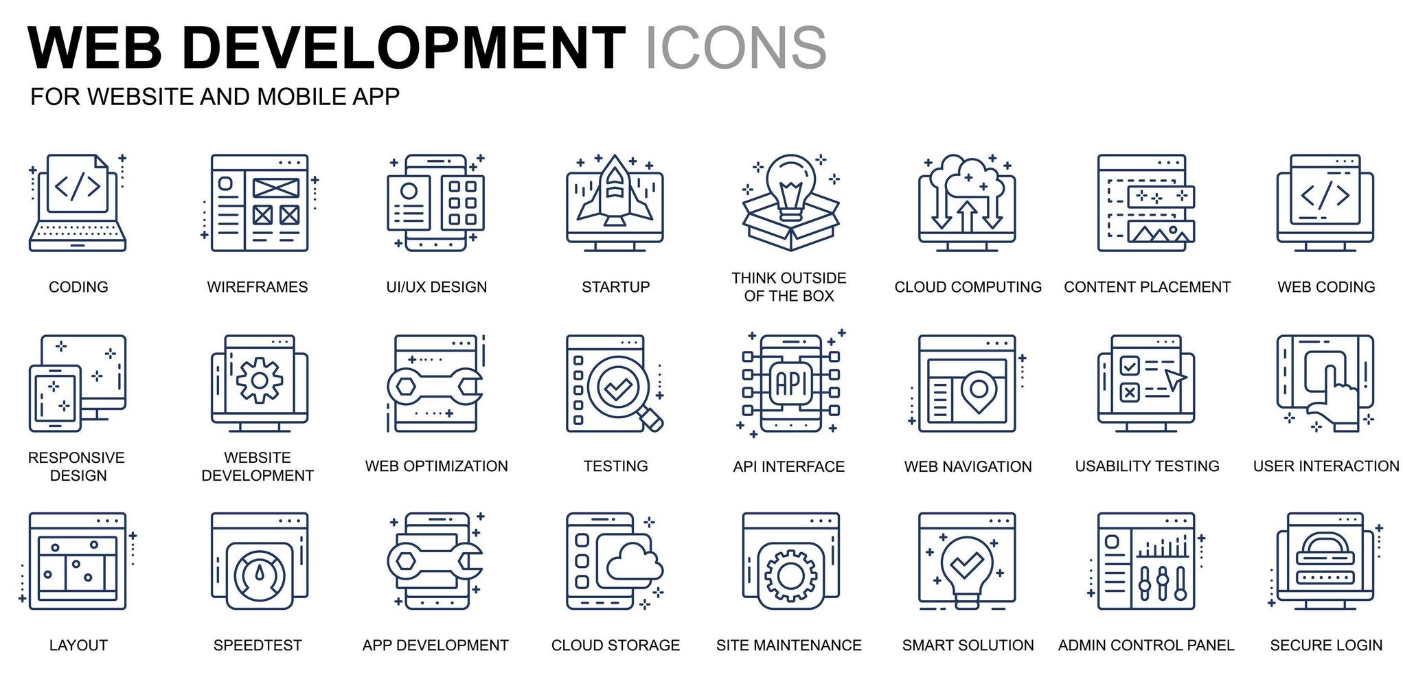 Simple Set Web Disign and Development Line Icons for Website and Mobile Apps. Contains such Icons as Coding, App Development, Usability. Conceptual color line icon. Vector pictogram pack.