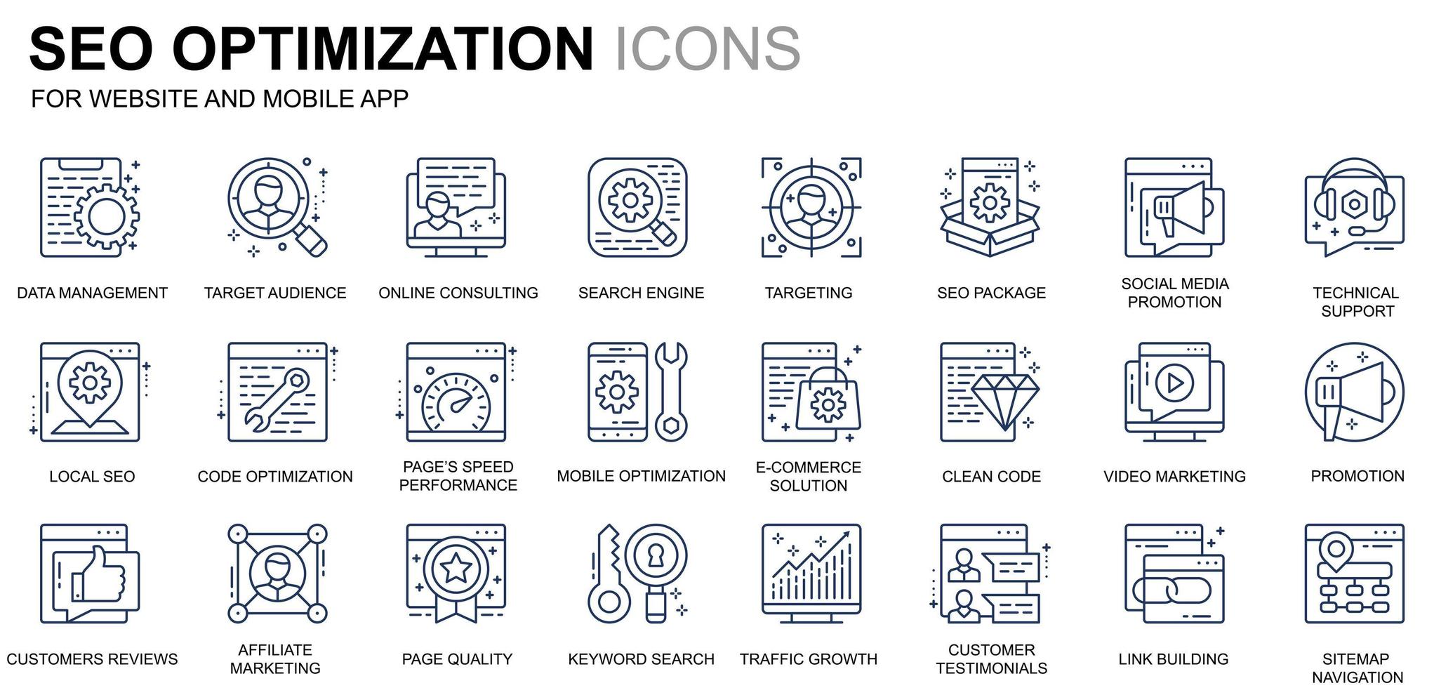 Simple Set Seo and Web Optimization Line Icons for Website and Mobile Apps. Contains such Icons as Target, Marketing, Traffic Growth. Conceptual color line icon. Vector pictogram pack.