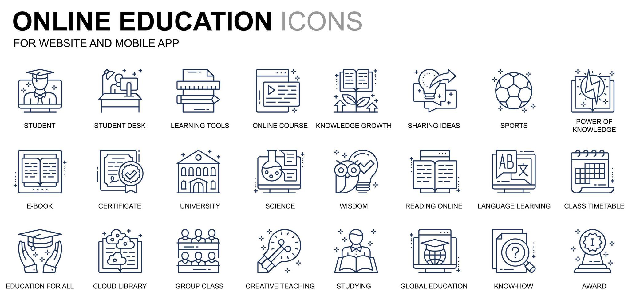 conjunto simple de iconos de línea de educación y conocimiento para sitios web y aplicaciones móviles. contiene íconos como curso en línea, universidad, estudio, libro. icono de línea de color conceptual. paquete de pictogramas vectoriales. vector
