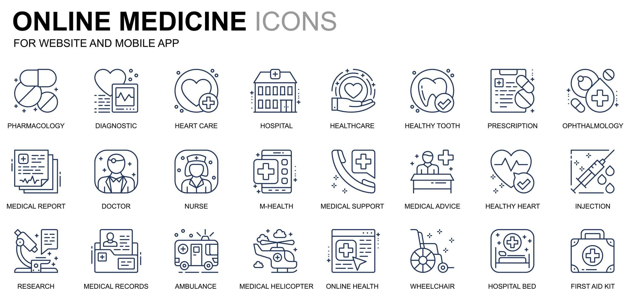 conjunto simple de iconos de línea médica y de atención médica para sitios web y aplicaciones móviles. contiene íconos como ambulancia, primeros auxilios, investigación, hospital. icono de línea de color conceptual. paquete de pictogramas vectoriales. vector