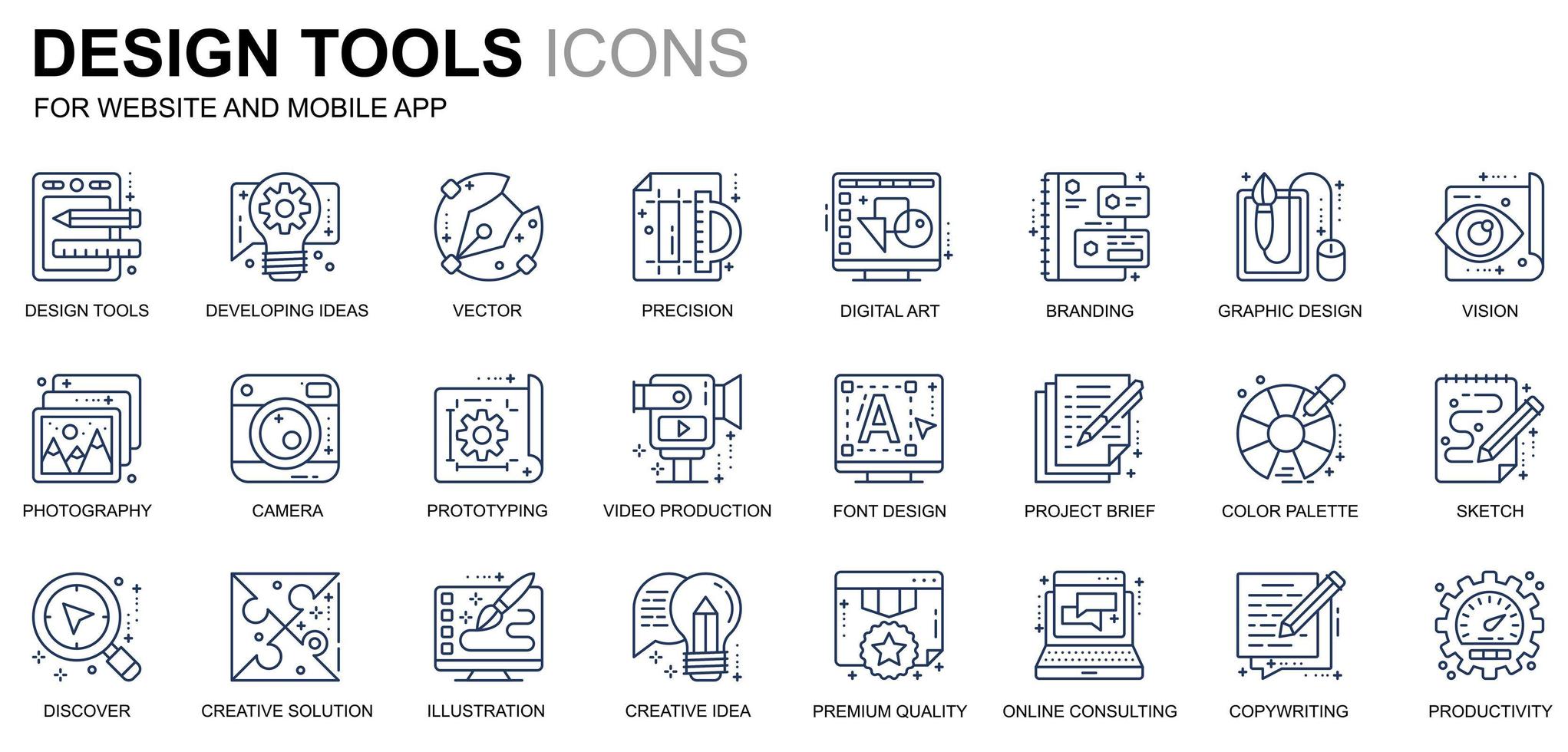 Simple Set Design Tools Line Icons for Website and Mobile Apps. Contains such Icons as Creative, Developing, Precision, Vision, Sketch. Conceptual color line icon. Vector pictogram pack.