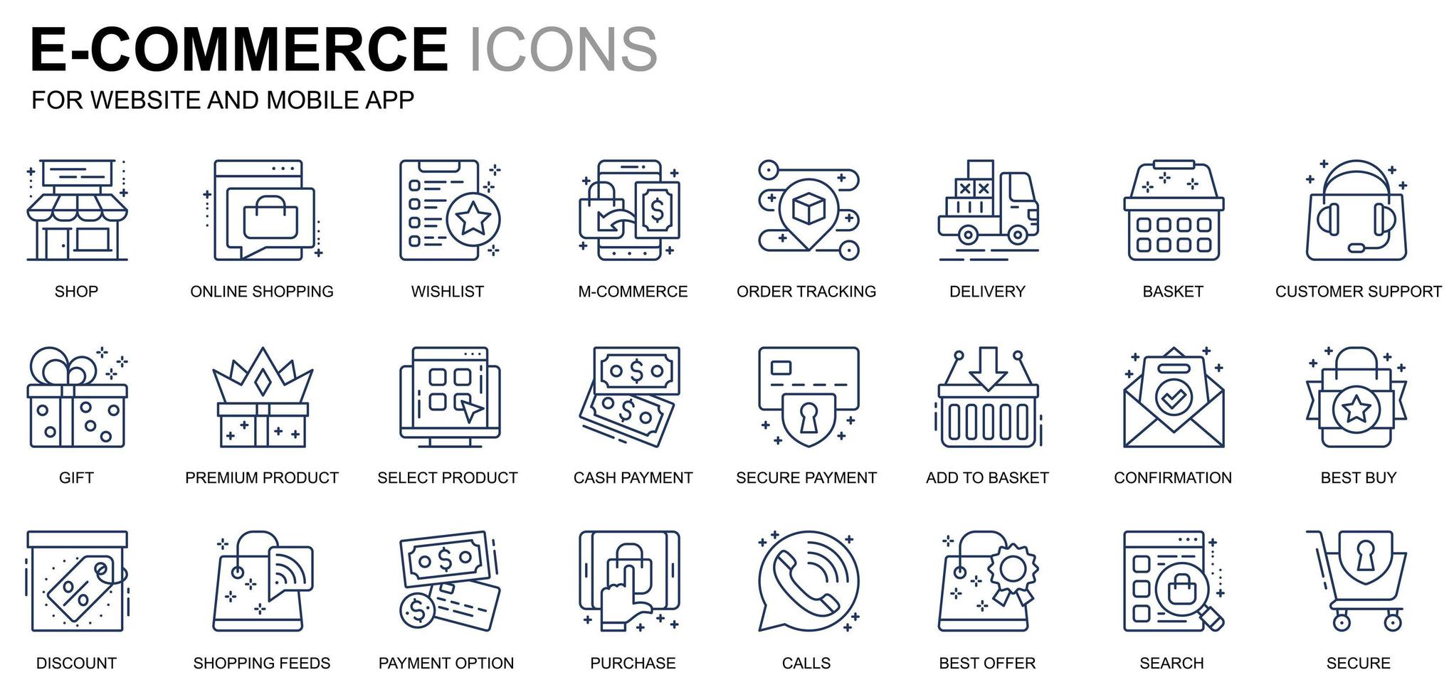 Simple Set E-Commerce and Shopping Line Icons for Website and Mobile Apps. Contains such Icons as Delivery, Payment, Basket, Customer, Shop. Conceptual color line icon. Vector pictogram pack.