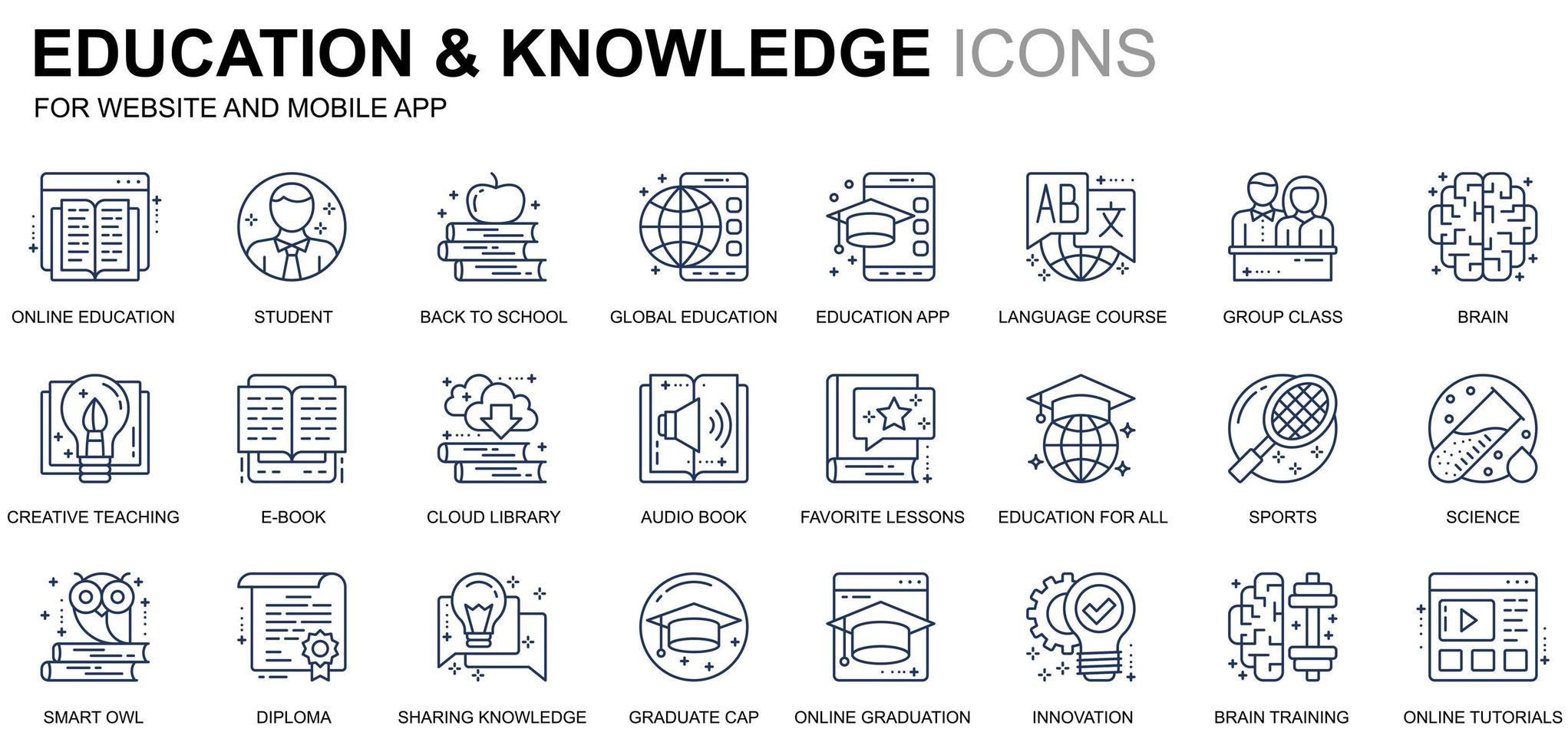 Simple Set Education and Knowledge Line Icons for Website and Mobile Apps. Contains such Icons as Studying, School, Graduation, E-Book. Conceptual color line icon. Vector pictogram pack.